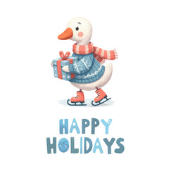 Wall Mural - Merry Christmas and Happy New Year. Happy Holidays Vector illustrations of gosling in a sweater on skates.