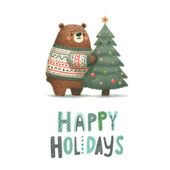Wall Mural - Merry Christmas and Happy New Year. Happy Holidays Vector illustrations of Christmas tree and plush bear in sweater.