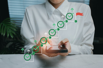 Poster - Business Growth Concept With Woman Using Smartphone And Growth Chart Representation On Desk Environment