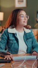 Poster - Live streaming, influencer and woman with mic wave for podcast, gaming tutorial and recording video. Content creator, gamer and person chat for online audience, social media and internet vlog in home