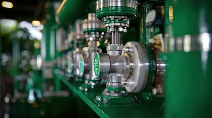 Poster - Detailed Close-Up of Industrial Valves and Pipelines in Green Color
