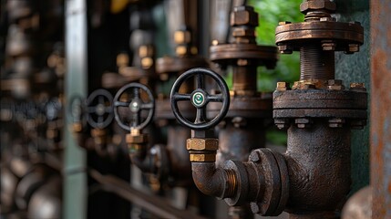 Poster - Industrial Pipes with Rusty Valves in Old Factory Setting
