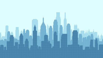 Aufkleber - pixel art cityscape background. Silhouette of a city skyline. skyscrapers and buildings. vector graphics. light blue background. simple shapes and lines. retro game style. 