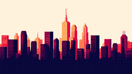 Aufkleber - 8-bit pixel art cityscape background. Silhouette of a city skyline. sunset. skyscrapers and buildings. retro game style. warm tones. vector graphics.