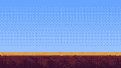 Aufkleber - 8-bit pixel art retro video game level background., a flat and simple blue sky with a brown dirt floor. 2D pixelated art style. side view. empty space on top. vector graphics. 