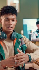 Poster - Live streaming, influencer and face of man with mic talking for podcast, review and recording video. Content creator, social media and portrait of person for online tips, tutorial and internet vlog