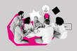 © deagreez - Full 3d poster art collage of happy business partners men women sit workplace light bulb plan finding project discussion team