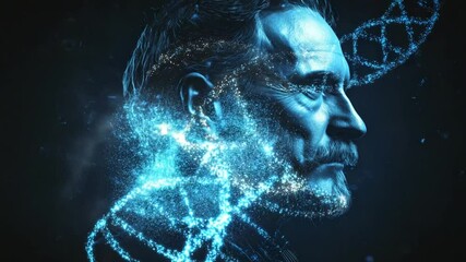 Poster - Digital portrait of a thoughtful mature man with data stream and dna connections concept