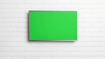 Poster - Hand Touching Green Screen Frame on White Brick Wall for Interactive Display or Advertising Purposes