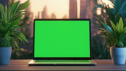 Poster - Modern Laptop Display with Green Screen Surrounded by Lush Plants in a Bright Home Office Setting