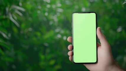 Poster - Hand Holding Smartphone with Blank Green Screen Against Lush Green Background in Nature Setting