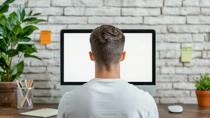 Poster - Person Working at Desk with Computer Monitor Surrounded by Plants and Stationery in Bright Modern Office Setting