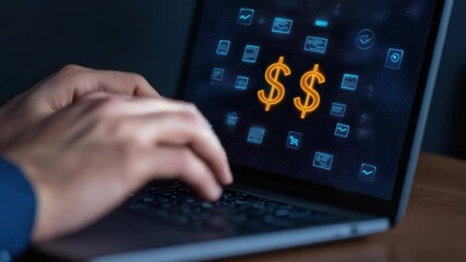 Poster - Close-up of Hands Typing on Laptop with Digital Currency Symbol Representing Online Financial Transactions