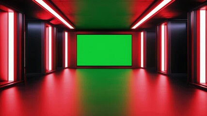 Poster - Futuristic hallway with dramatic lighting in a dark environment, featuring bright red neon accents and empty wall