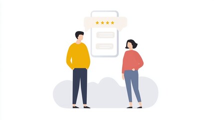 Poster - Two characters engaged in a conversation about feedback, standing in a light atmosphere with a rating display above, illustrating communication and collaboration in a modern context