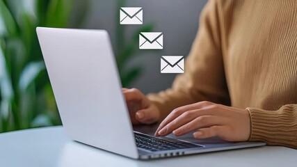 Poster - Hands Typing on Laptop with Email Icons in Background, Representing Online Communication and Digital Workspace