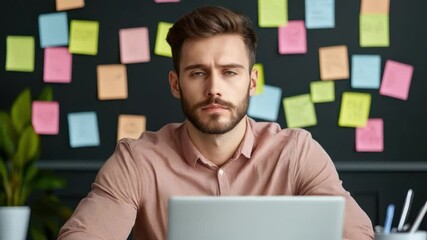 Poster - Focused Young Man Working on Laptop in Modern Office with Colorful Sticky Notes on Wall Background