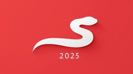 Poster - Minimalist white snake illustration on a vibrant red background, symbolizing the year 2025, showcasing modern design and cultural significance in a striking visual format