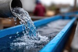Water cascades from a gray pipe into a bright blue trough at a rural water system facility on a cloudy day, highlighting the importance of water infrastructure in the community
