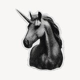 Mythical black-and-white unicorn illustration.