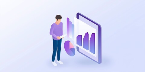 Fototapete - Person analyzing data on a digital tablet, surrounded by colorful graphs and charts, representing modern technology and data visualization in a professional environment