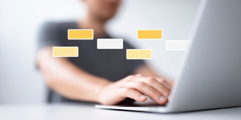 Fototapete - Individual using laptop with digital interface elements, showcasing modern technology and productivity in a minimalistic workspace with soft lighting and a clean aesthetic