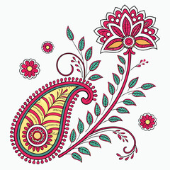 Poster - Colorful floral paisley illustration with decorative blooms and delicate leaves on a transparent white background