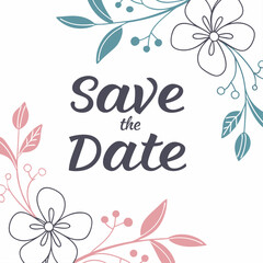Poster - Elegant save the date illustration featuring floral elements in soft pink and teal for wedding announcements
