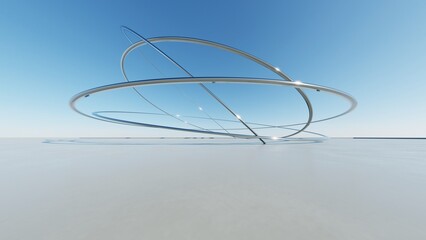 Aufkleber - 3d illustration of abstract wavy architecture background, Minimal curved geometry architectural design, Car presentation backdrop with empty concrete floor, Flowing geometric metal building design
