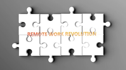 Poster - Remote Work Revolution being a complex topic - puzzle pieces with word remote work revolution coming together to make a whole. Remote Work Revolution made of many fitting parts