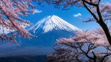 Majestic mount fuji with blooming cherry blossoms