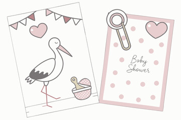 Poster - Delicate baby shower invitations with stork heart and bunting on white background perfect for greeting cards and digital designs