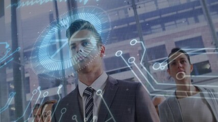 Poster - Business team entering by glass facade activating HUD scanning ring tracing circuits for security