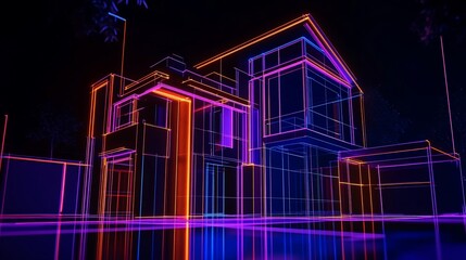 Aufkleber - A modern house outlined with vibrant neon lights against a dark night background showcases architectural design and modern aesthetics