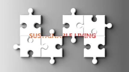 Poster - Sustainable Living as a complex topic - pictured as word sustainable living on a puzzle pieces to show that sustainable living is a composite subject. Solving a puzzle.