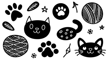 Poster - Whimsical black and white cat themed illustrations featuring paw prints yarn balls leaves and decorative elements for creative designs.