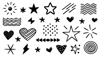 Poster - Whimsical collection of hand drawn doodle elements featuring stars hearts sun rays arrows and various simple design illustrations.