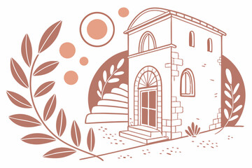 Poster - Artistic illustration of a building with floral elements in a minimalist line art style with transparent background