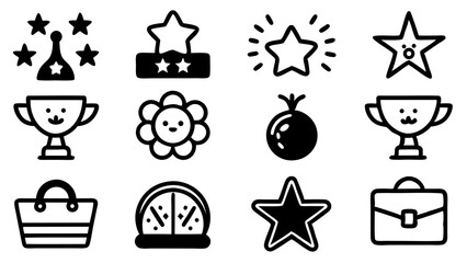 Poster - Collection of black and white doodle style icons featuring stars trophies flowers and other illustrated symbols