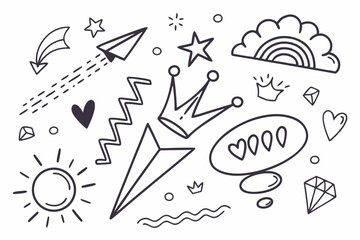 Poster - Hand drawn doodle elements collection including crowns paper planes hearts stars and gems with transparent background
