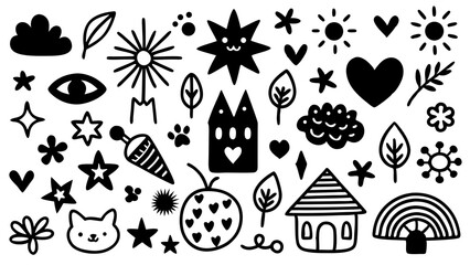 Poster - Hand drawn doodle elements set featuring clouds leaves hearts stars suns houses rainbow and various graphic illustrations on a white background