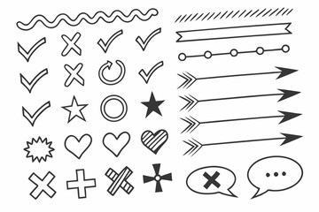 Poster - Hand drawn vector elements pack featuring checkmarks crosses arrows stars and hearts with transparent backgrounds
