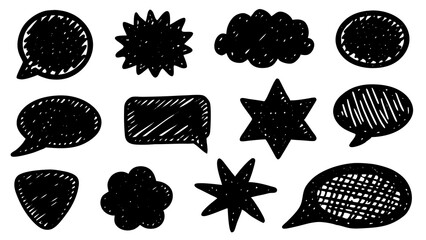Poster - Hand drawn black shapes including speech bubbles and stars on white background for graphic design and communication