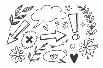 Poster - Hand drawn doodle elements collection in black and white, vector illustration with decorative arrows, floral and speech bubbles, and hearts.