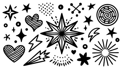 Poster - A diverse collection of hand drawn doodle illustrations featuring hearts stars lightning bolts and burst elements isolated on white