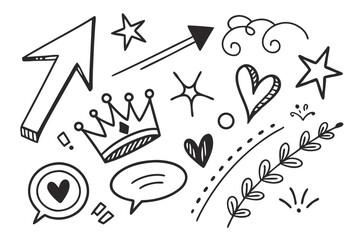 Poster - Collection of hand drawn doodle elements including arrows crowns hearts stars and speech bubbles isolated with transparency