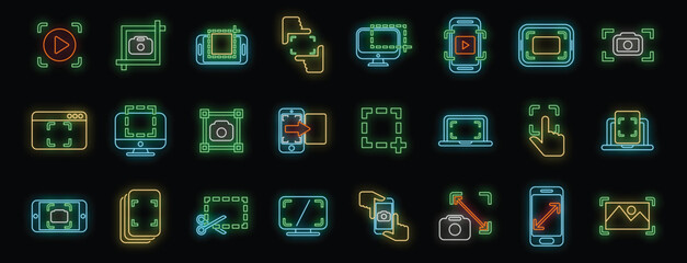 Poster - set of glowing neon icons illustrating cropping and resizing functions for images and videos across 