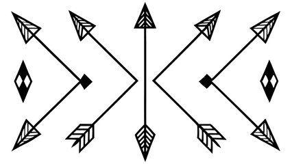 Poster - Decorative symmetrical arrangement of tribal style black arrows and diamond shapes on white background graphic