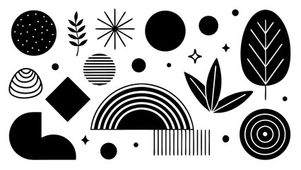 Poster - Minimalist black and white abstract composition with geometric shapes and botanical elements for modern design