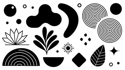Poster - Minimalist black and white collection of abstract geometric shapes and natural elements on a clean white background